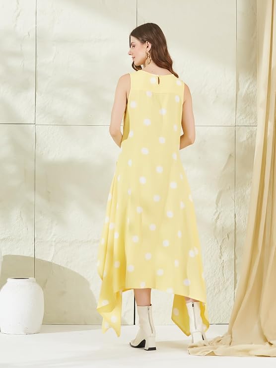 Yellow midi dress with a white polka dot