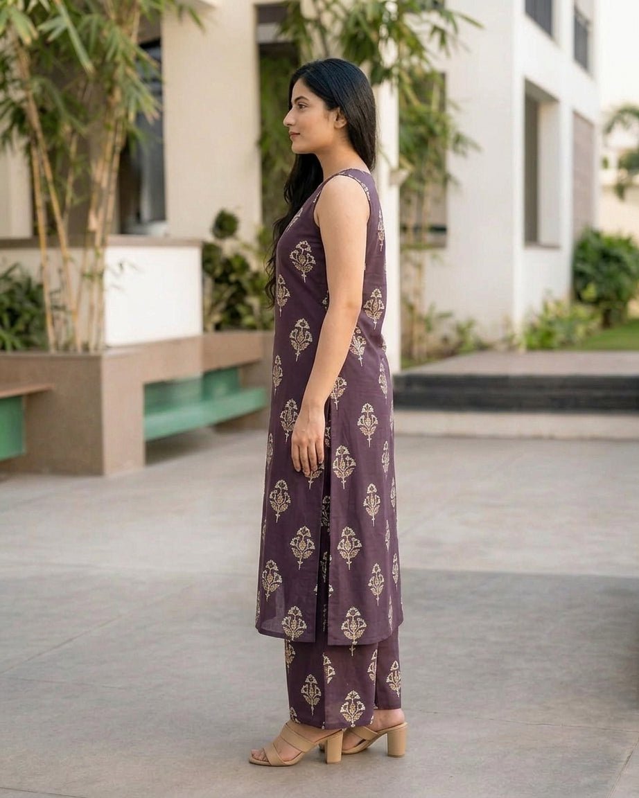 Purple sleeveless A-line kurta and palazzo set