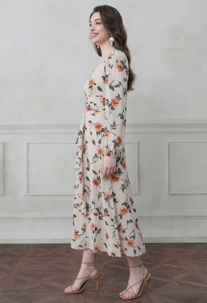Marigold bloom ruffle front Abstract maxi dress