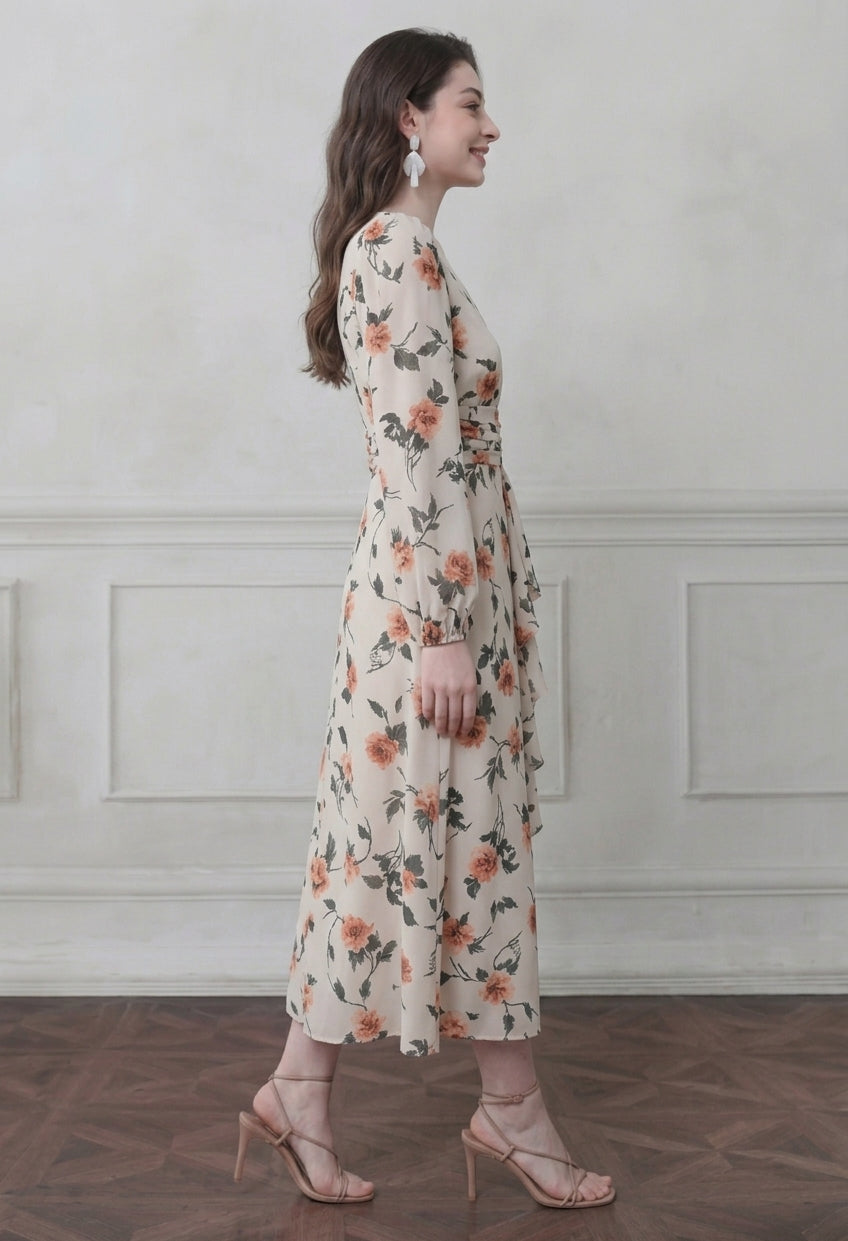 Marigold bloom ruffle front Abstract maxi dress