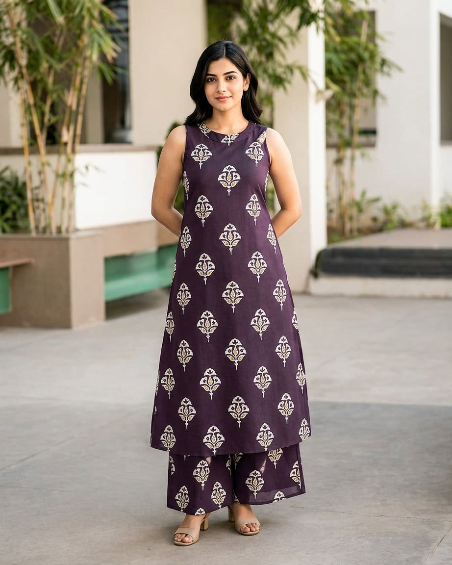 Purple sleeveless A-line kurta and palazzo set