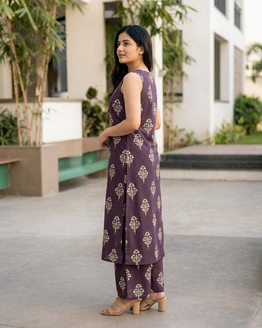Purple sleeveless A-line kurta and palazzo set