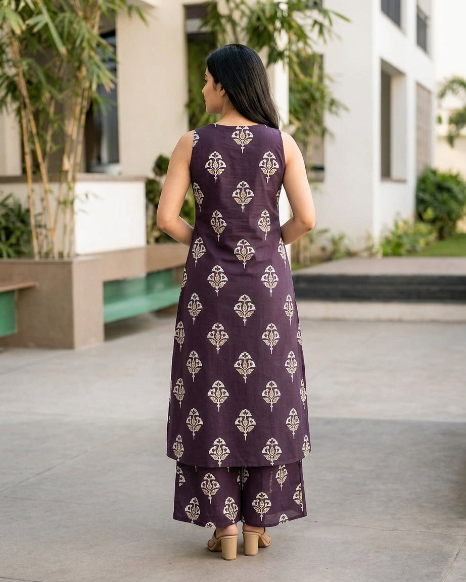 Purple sleeveless A-line kurta and palazzo set