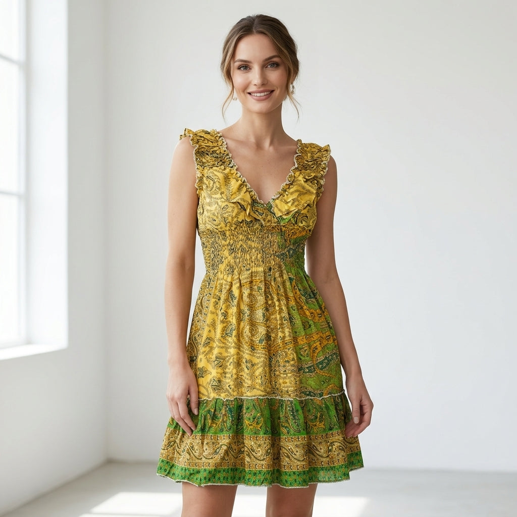 Bohemian Gold & Emerald Paisley Silk Smocked Mini Dress