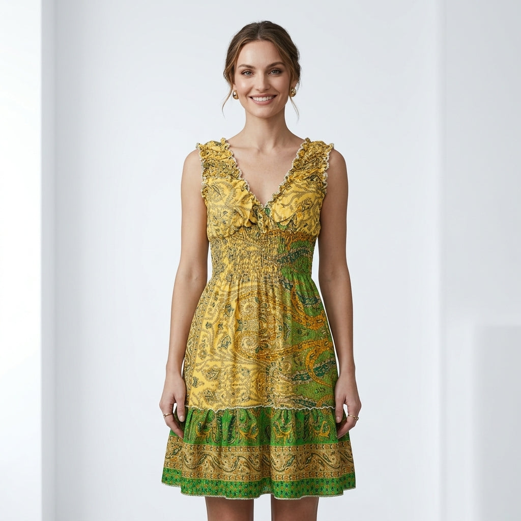 Bohemian Gold & Emerald Paisley Silk Smocked Mini Dress