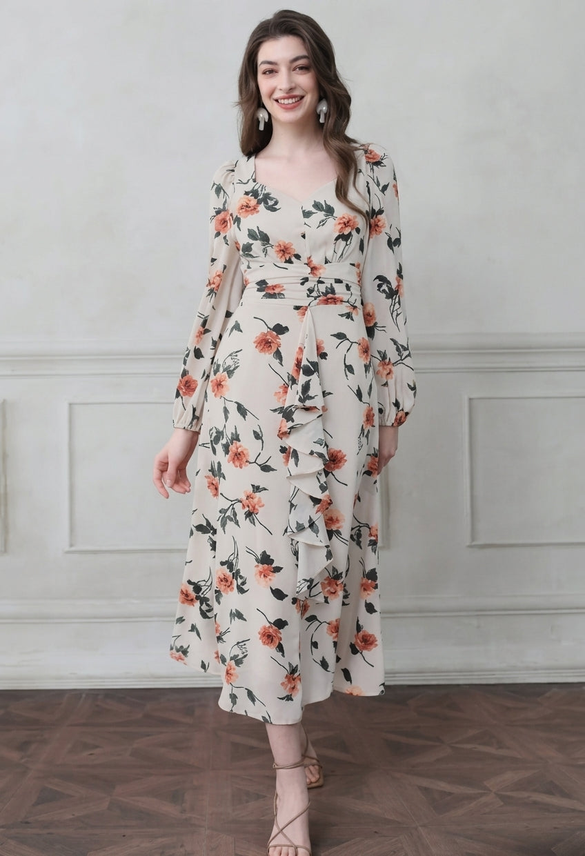 Marigold bloom ruffle front Abstract maxi dress