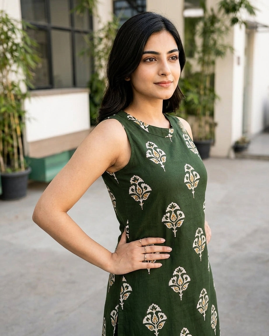 Purple sleeveless A-line kurta and palazzo set
