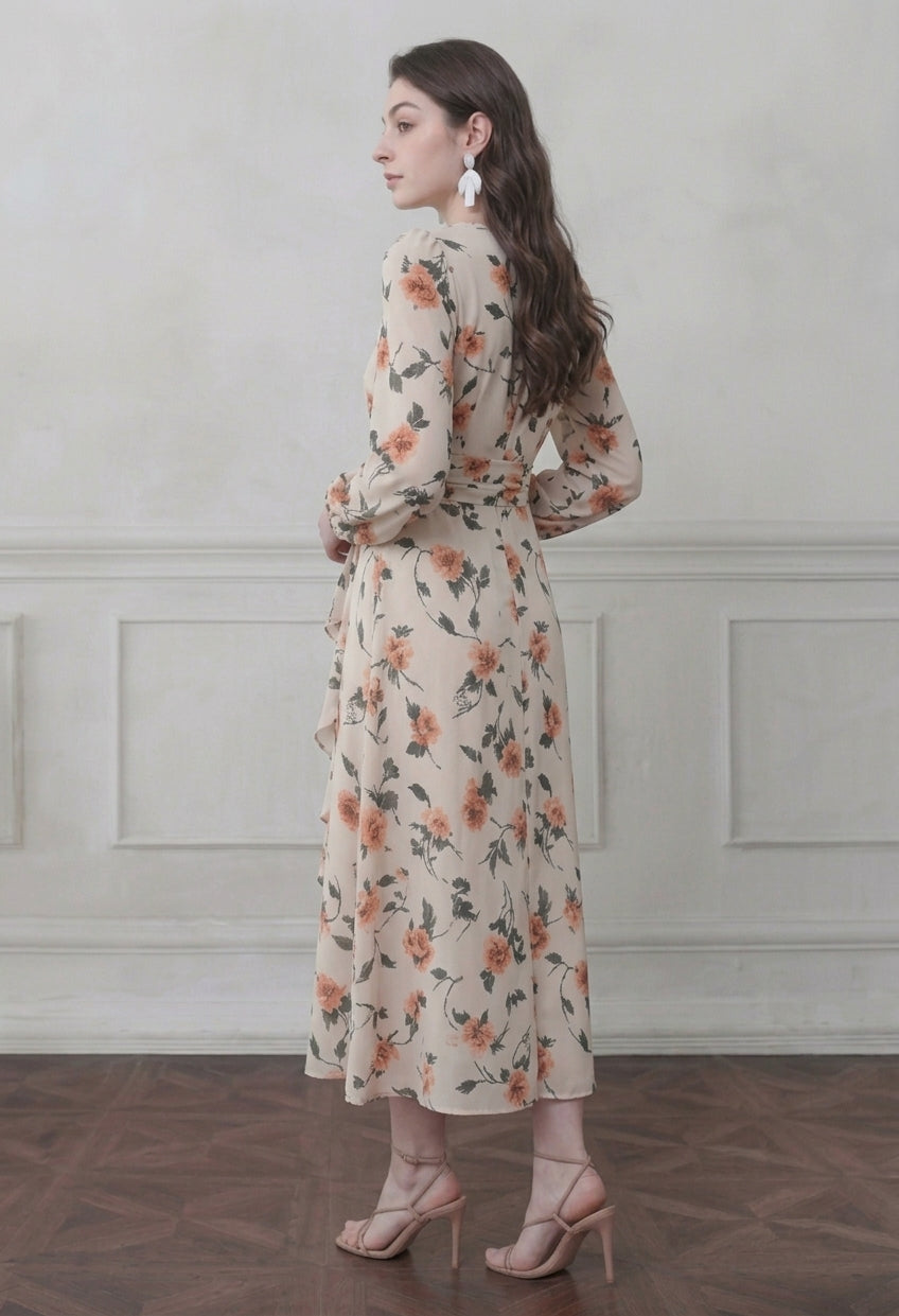 Marigold bloom ruffle front Abstract maxi dress