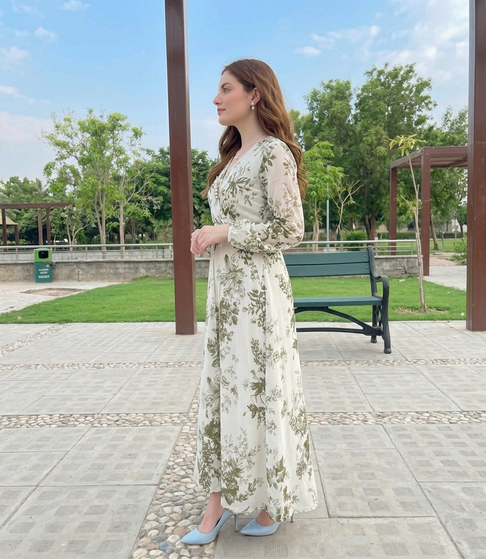 Olive Green Leafy Motifs on an Off-White Ivory Base