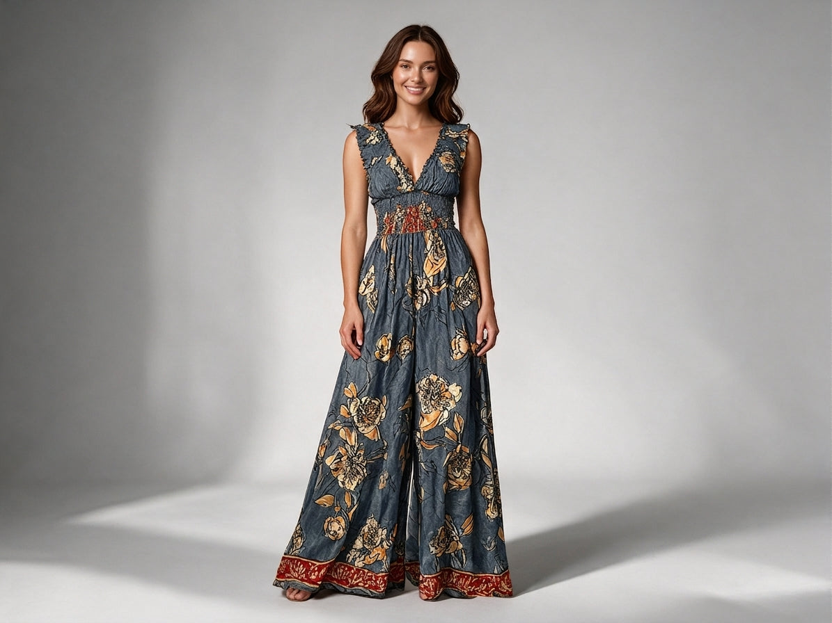 Vintage Floral Printed Grey Silk Jumpsuit
