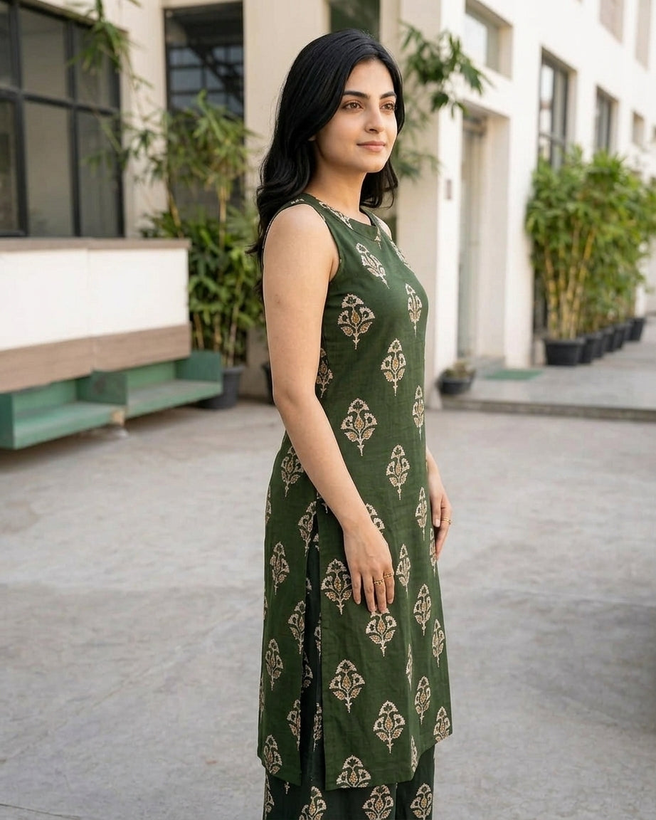 Purple sleeveless A-line kurta and palazzo set