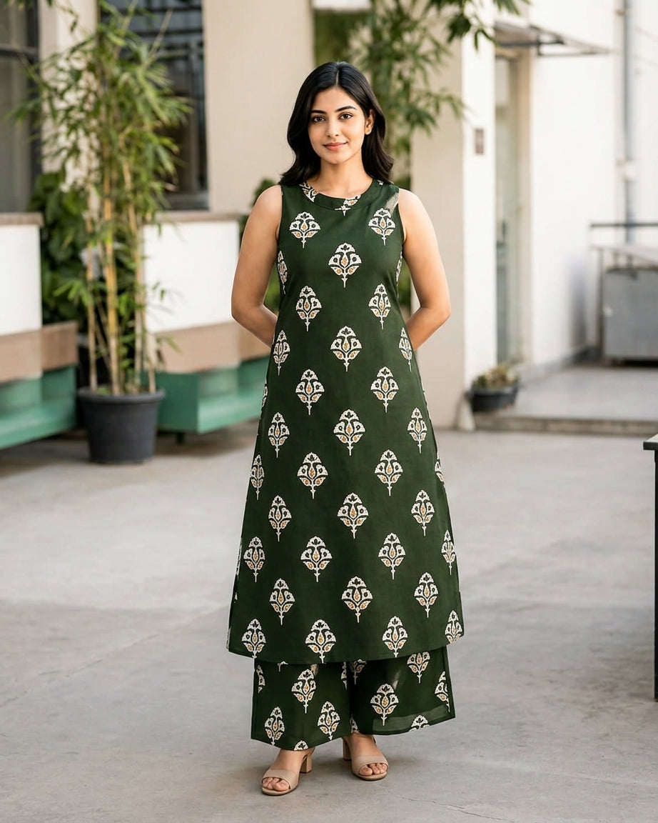 Purple sleeveless A-line kurta and palazzo set