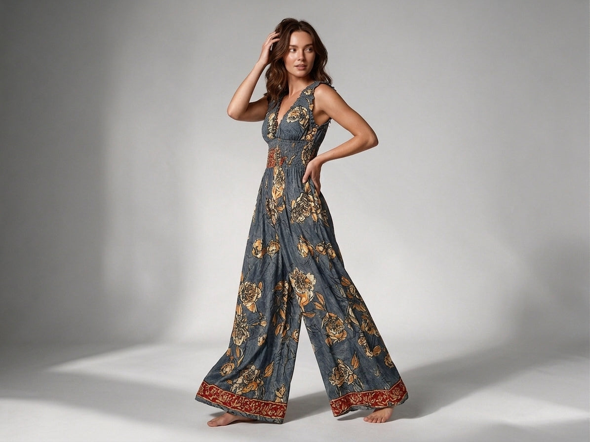 Vintage Floral Printed Grey Silk Jumpsuit