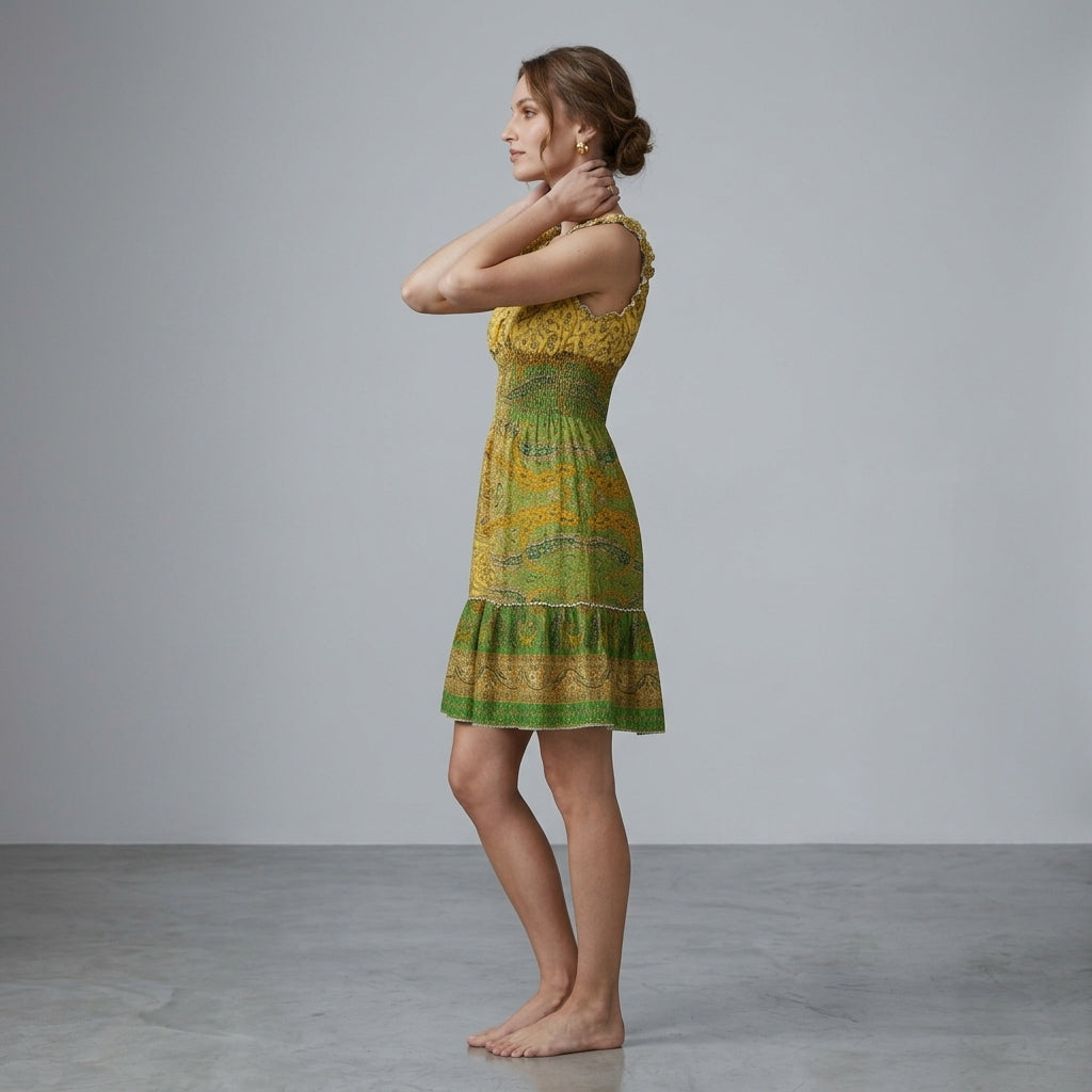Bohemian Gold & Emerald Paisley Silk Smocked Mini Dress