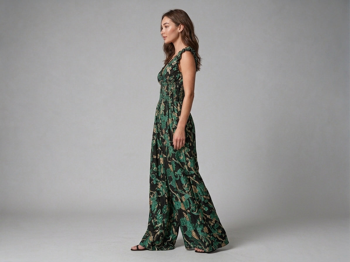 Emerald Jacquard Wide-Leg Jumpsuit