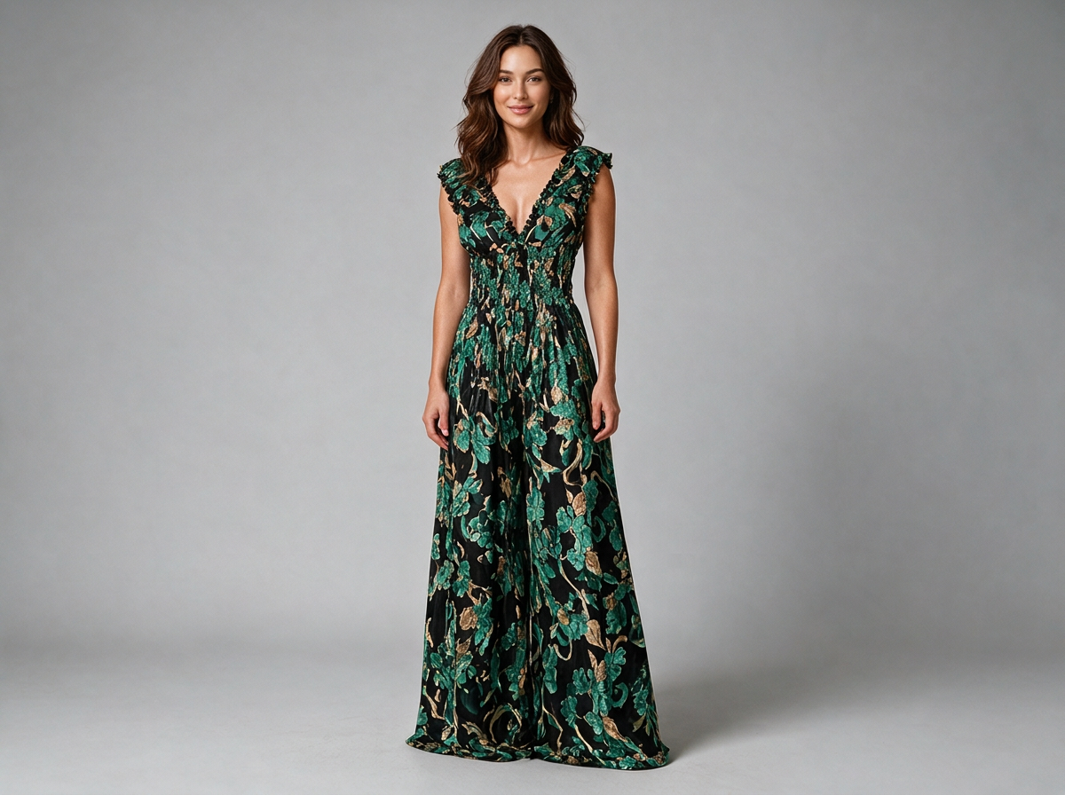 Emerald Jacquard Wide-Leg Jumpsuit