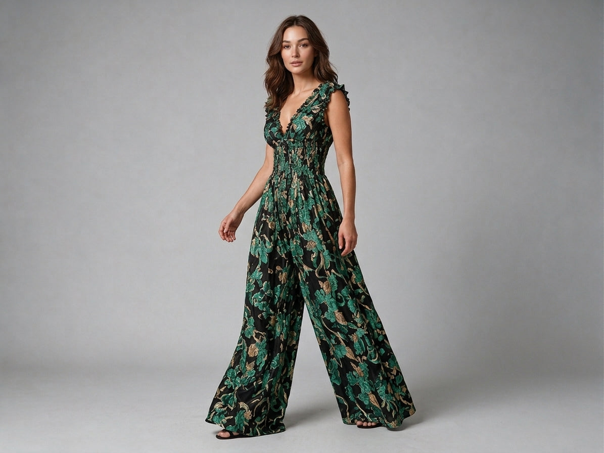 Emerald Jacquard Wide-Leg Jumpsuit