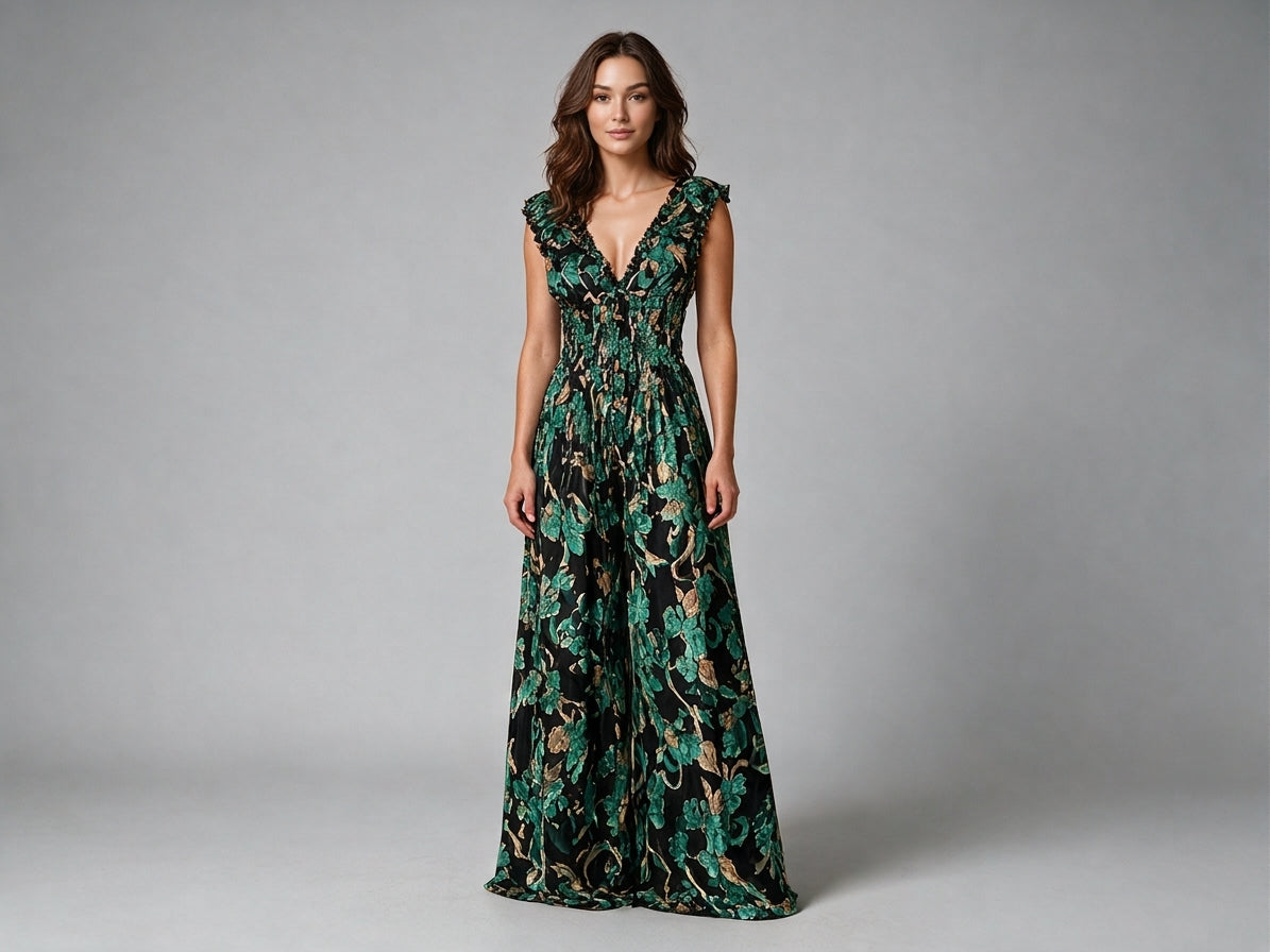 Emerald Jacquard Wide-Leg Jumpsuit