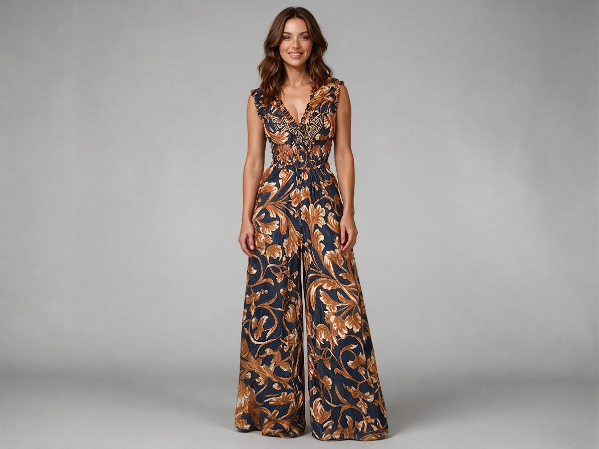 Bronze Botanical Print Silk Wide-Leg Jumpsuit