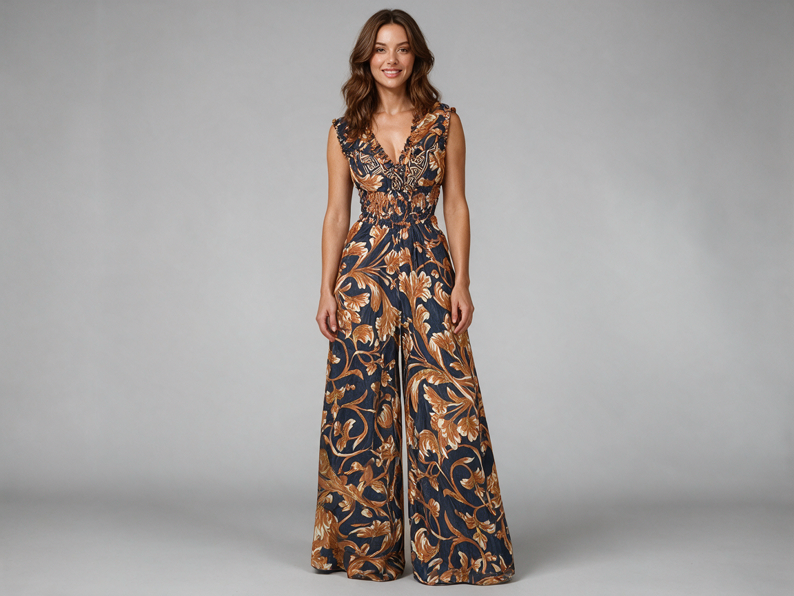 Bronze Botanical Print Silk Wide-Leg Jumpsuit