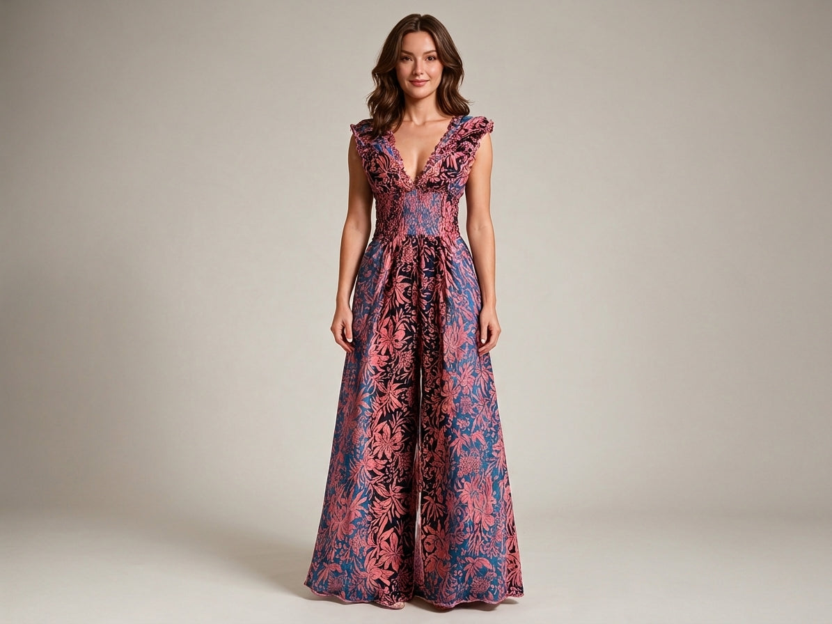 Floral Brocade Wide-Leg Jumpsuit Pink
