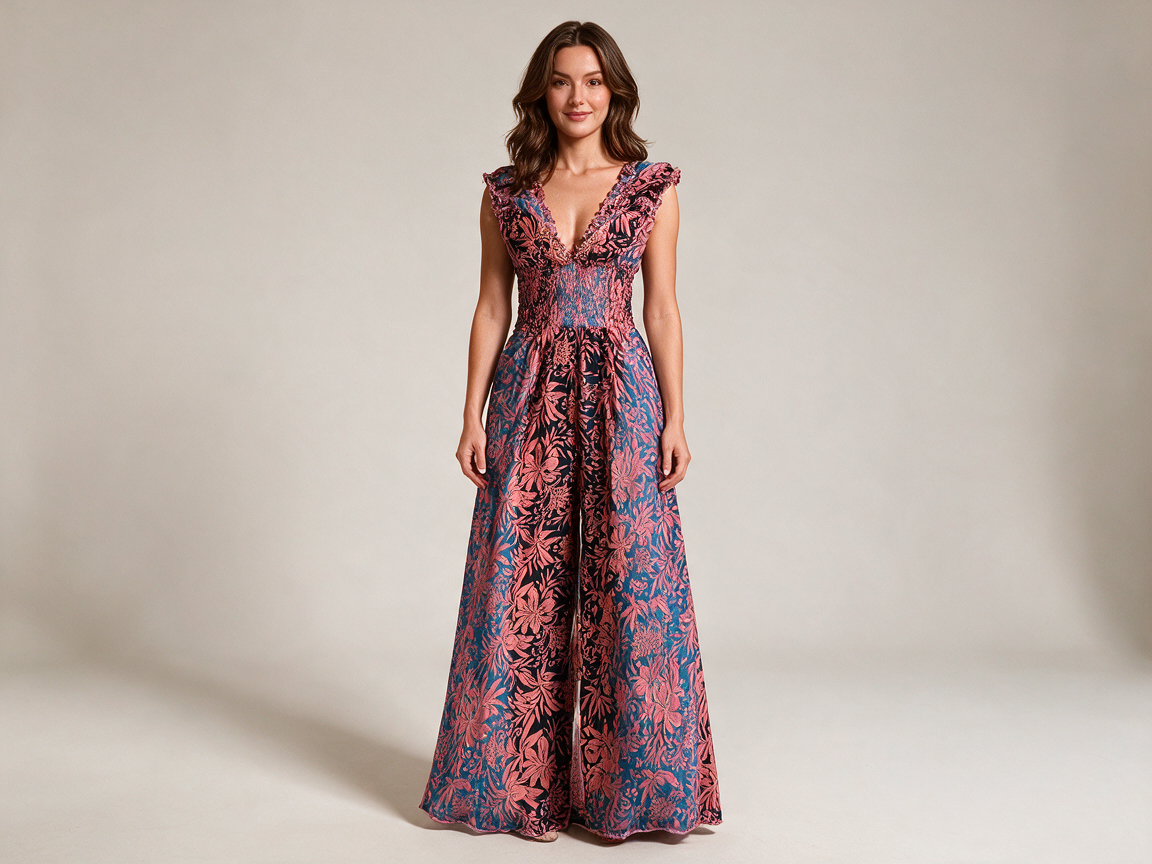 Floral Brocade Wide-Leg Jumpsuit Pink