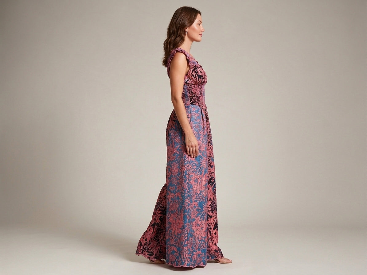 Floral Brocade Wide-Leg Jumpsuit Pink