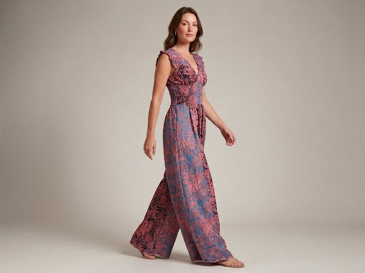 Floral Brocade Wide-Leg Jumpsuit Pink