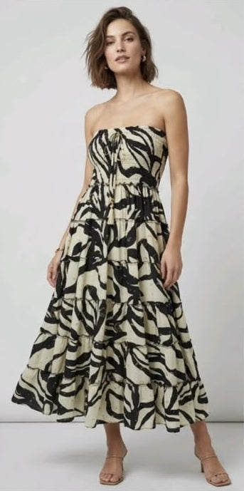 Black and off-white patterned strapless tiered maxi dress