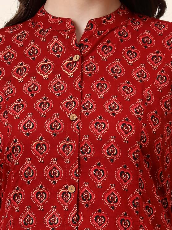Maroon mandarin collar floral cotton kurta