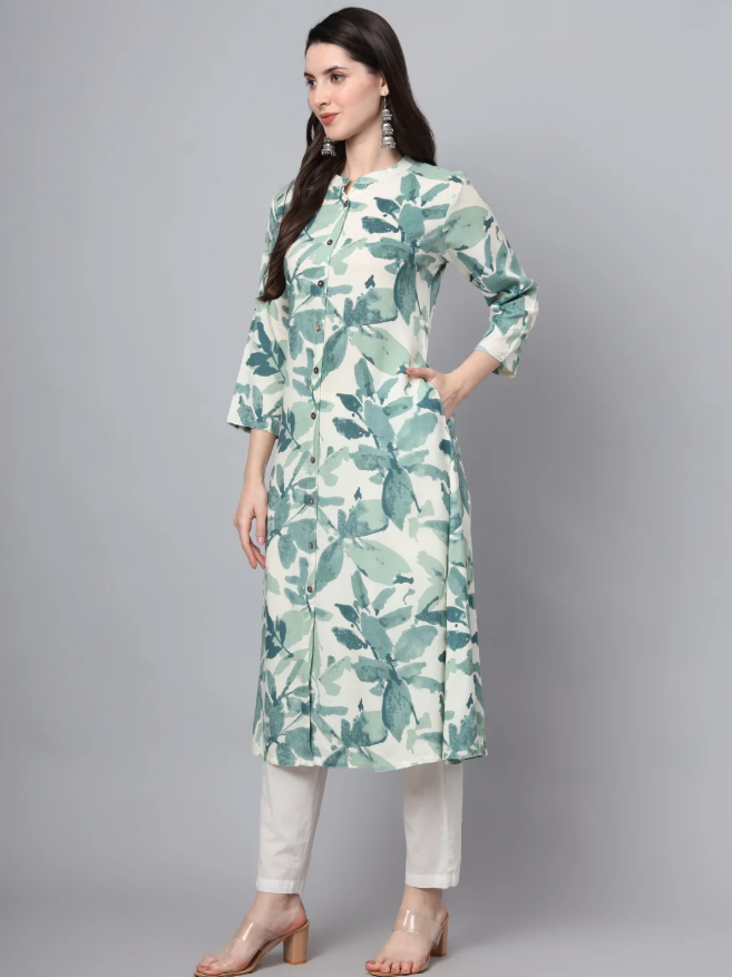 Green and white botanical leaf-print A-line kurta