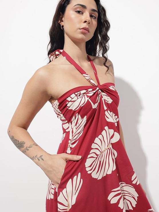 Maroon halter-style midi dress