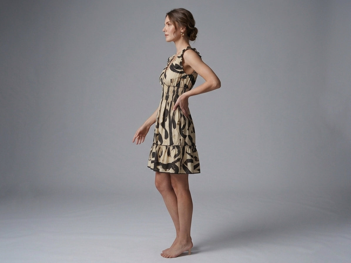 Light Cream Floral Silk Smocked Mini Dress