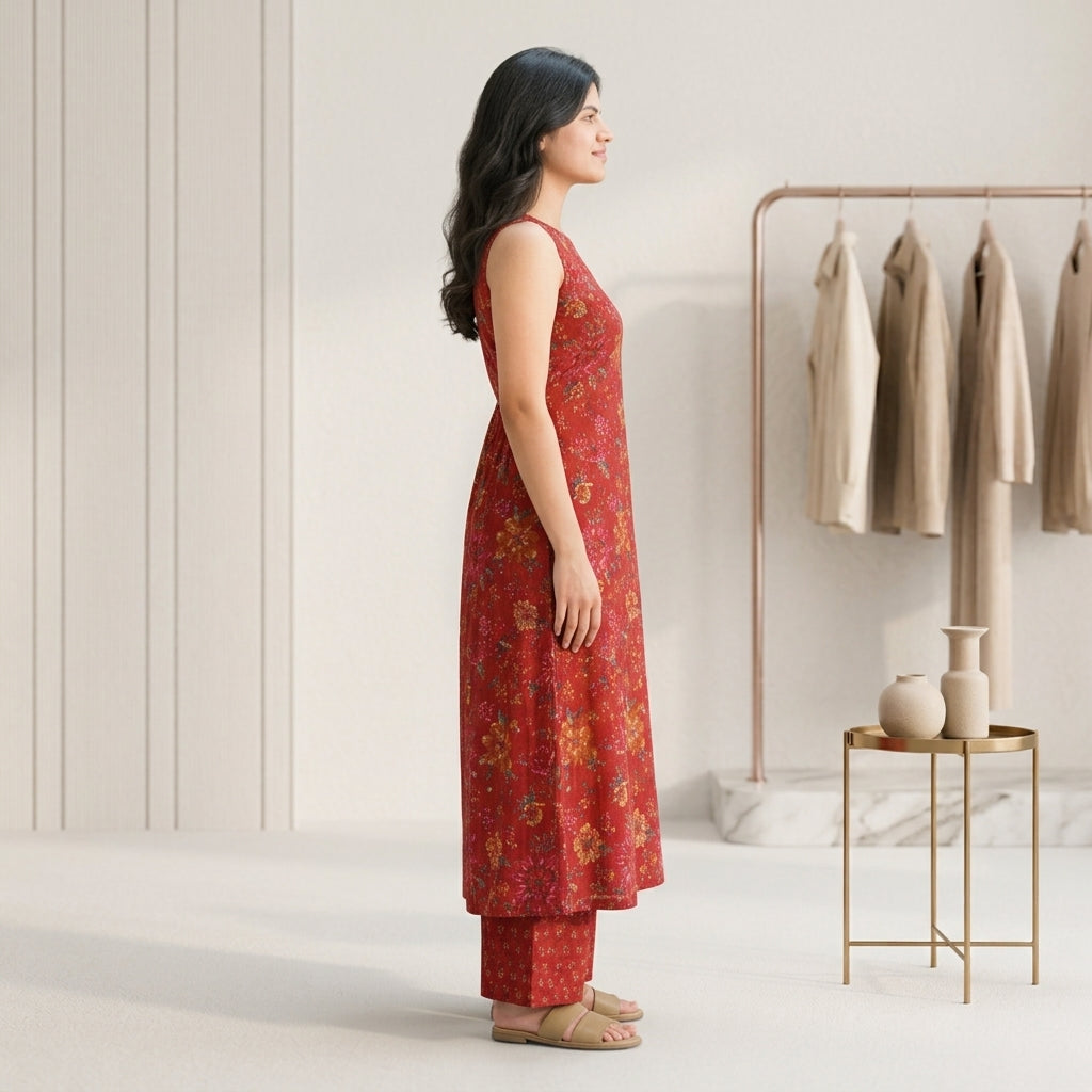 Red sleeveless A-line kurta