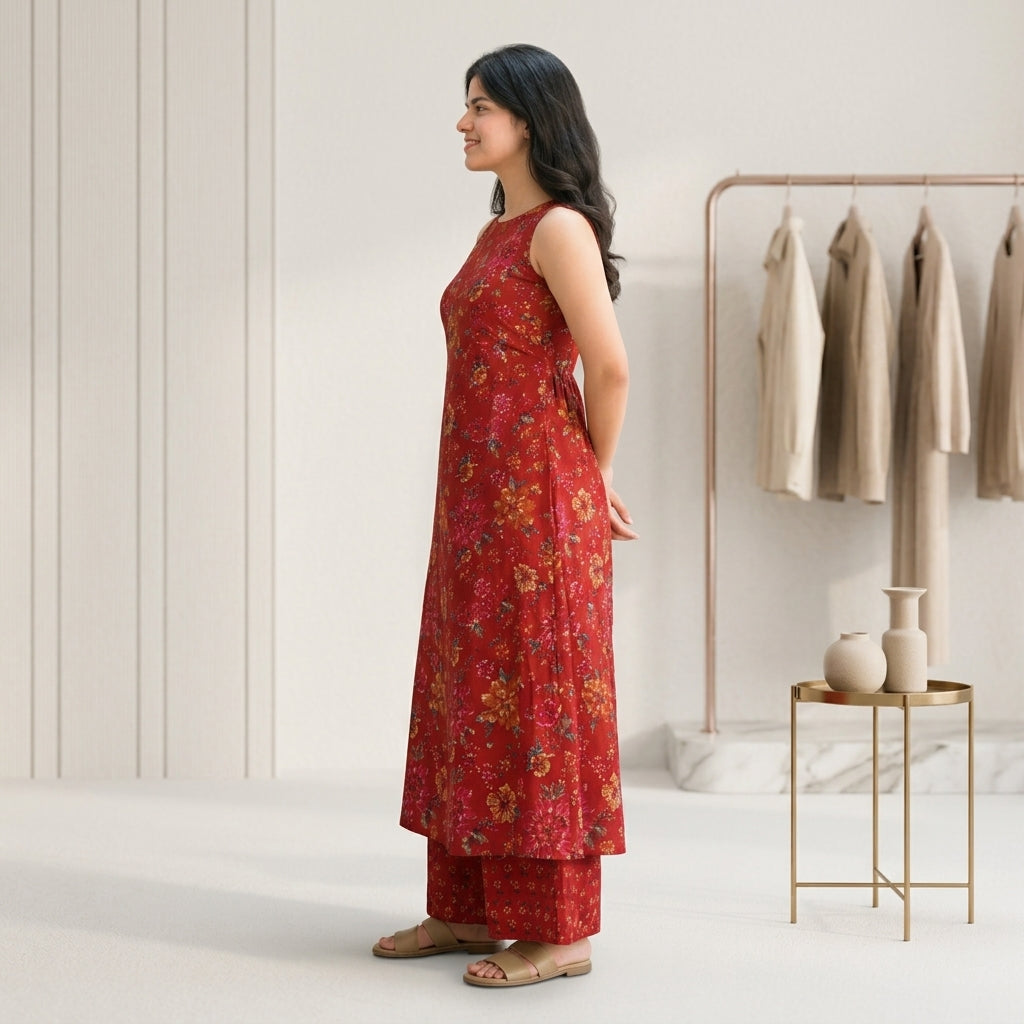 Red sleeveless A-line kurta