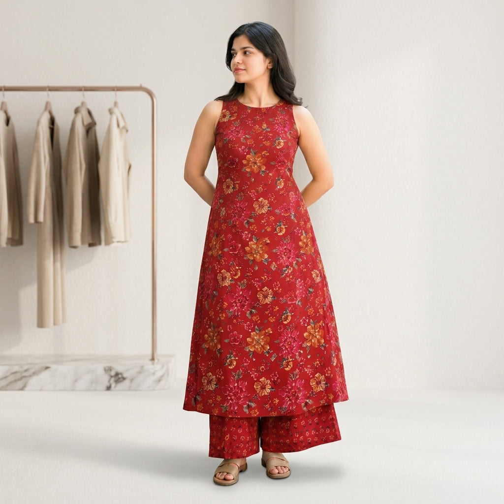 Red sleeveless A-line kurta
