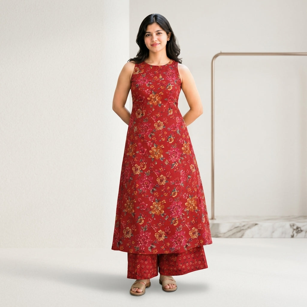 Red sleeveless A-line kurta
