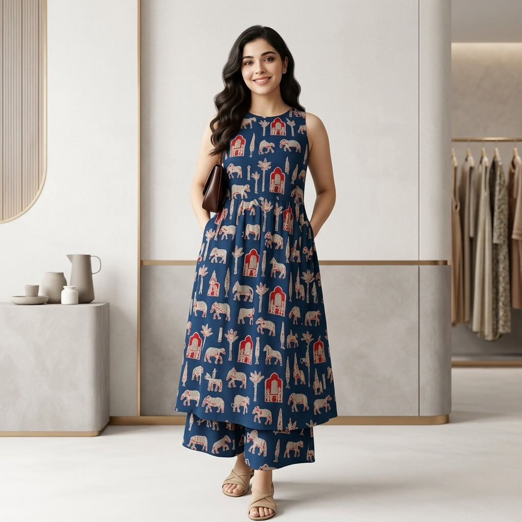 Blue Jaipuri block print Kurta and Palazzo Set