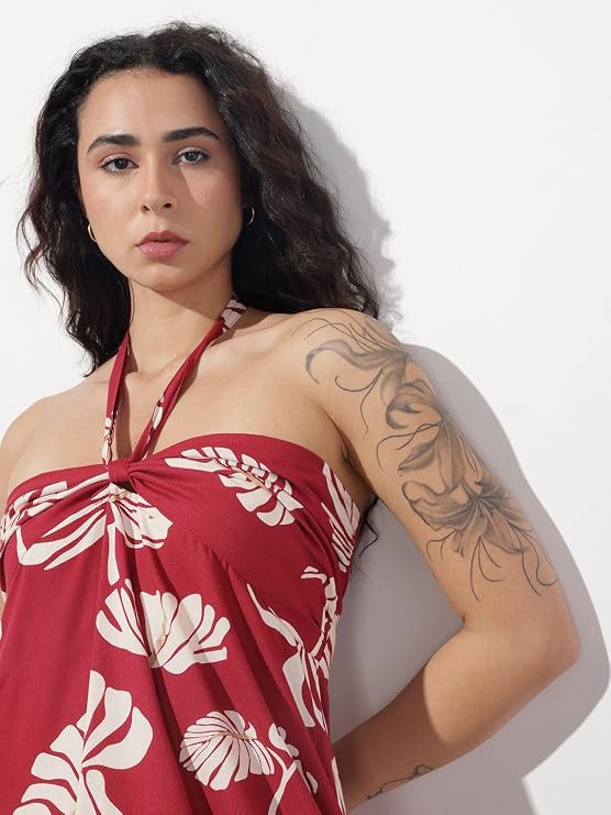 Maroon halter-style midi dress