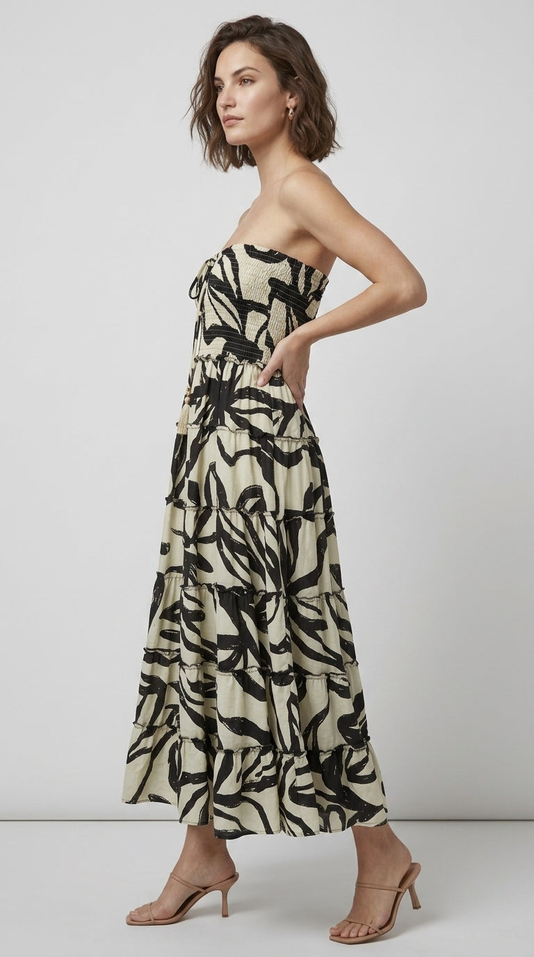 Black and off-white patterned strapless tiered maxi dress