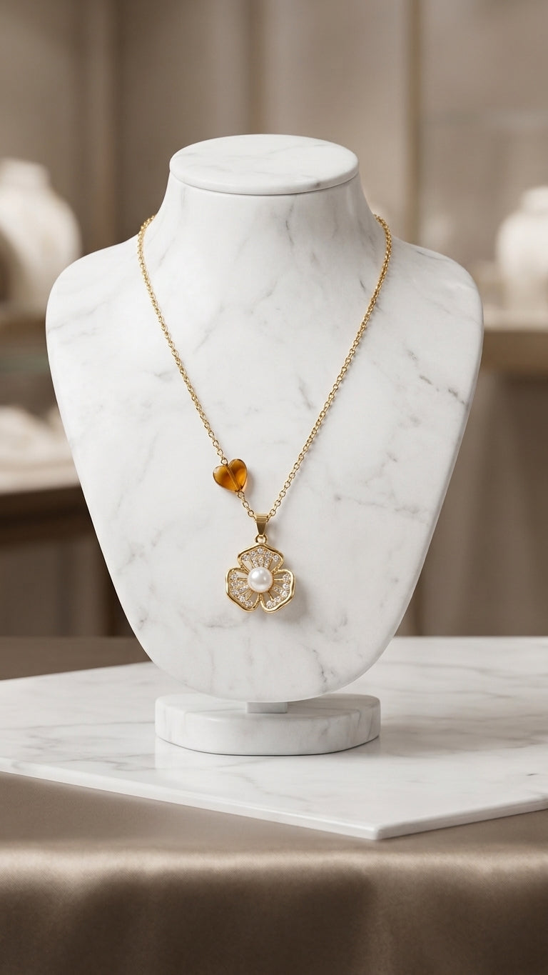 Gold-Tone Pearl Flower Necklace - Imitation Jewelry