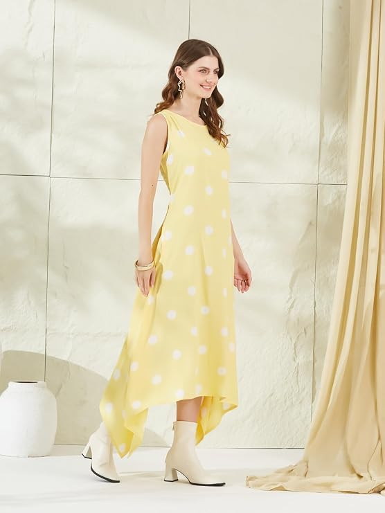 Yellow midi dress with a white polka dot