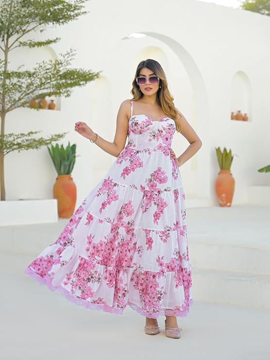White Pink Floral Shoulder Strap Cotton Dress