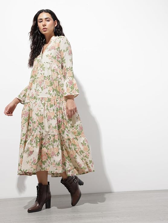 Cream floral print cotton midi dress