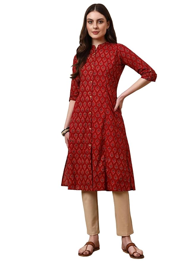 Maroon mandarin collar floral cotton kurta