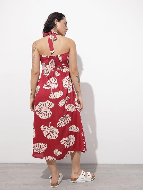 Maroon halter-style midi dress
