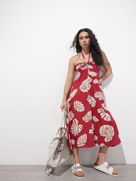Maroon halter-style midi dress