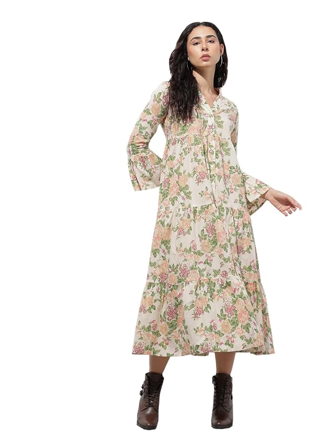 Cream floral print cotton midi dress