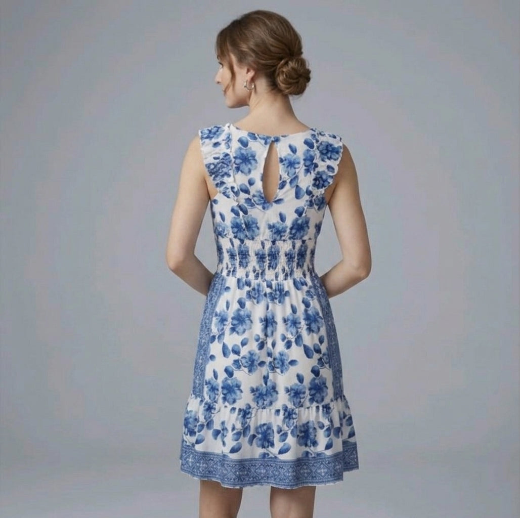 Blue and white floral print mini dress
