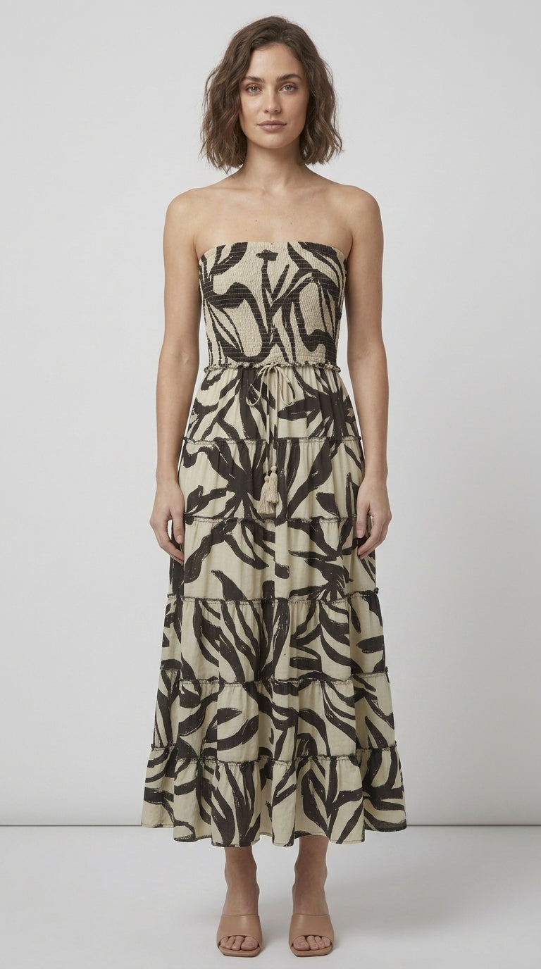 Black and off-white patterned strapless tiered maxi dress